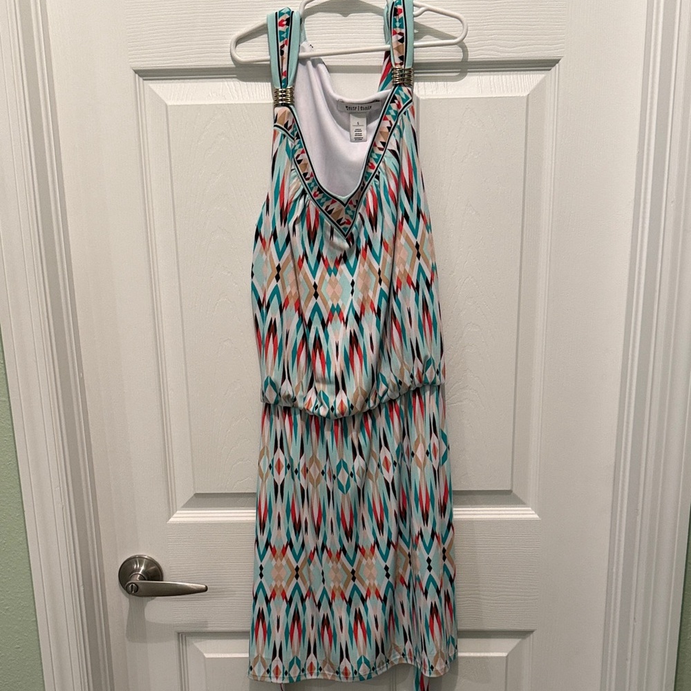 White House Black Market Teal and Coral Geometric Midi Dress